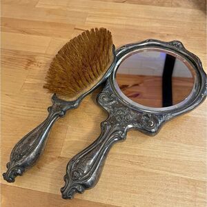 Vintage Victorian Art Nouveau Silver Plate Hand Mirror w/ Brush Floral Design